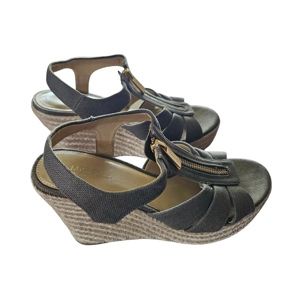 Michael Kors Womens Olive‎ Green Canvas Front Zip Espadrille Wedge Sandals 7